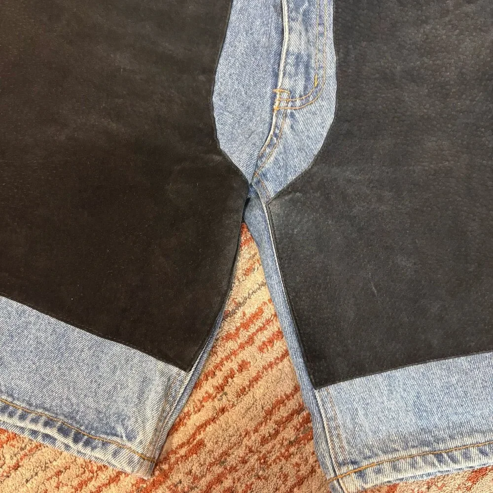 Vintage 90s Servuchi Paris Denim Shorts Black Suede Panel Baggy Size 9/10